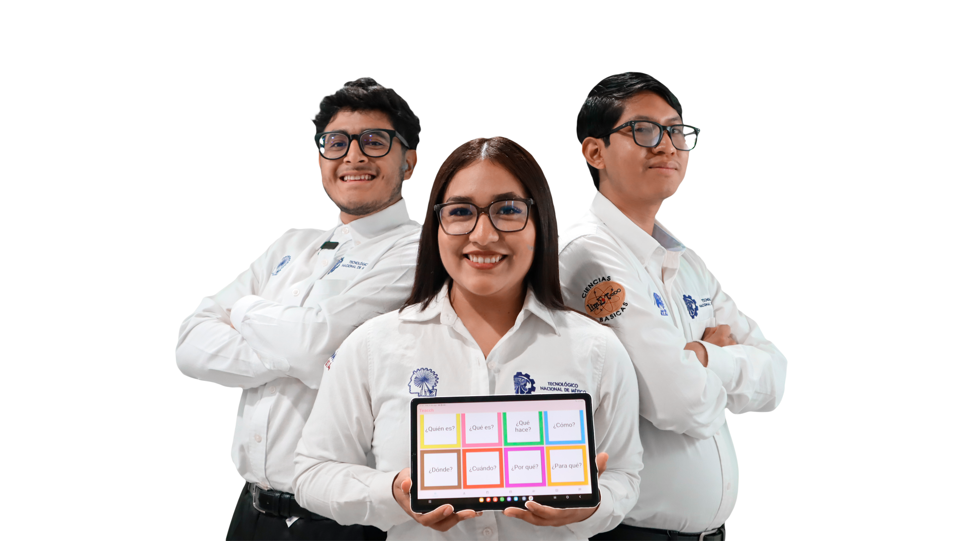 Equipo de XpressaTec mostrando una tablet con pictogramas